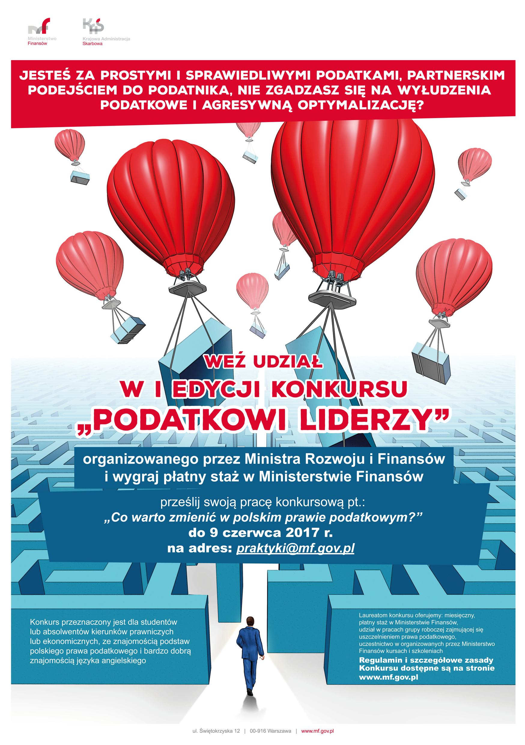 Plakat 1 edycji z podstawowymi informacjami o konkursie, grafika: lecące, czerwone balony