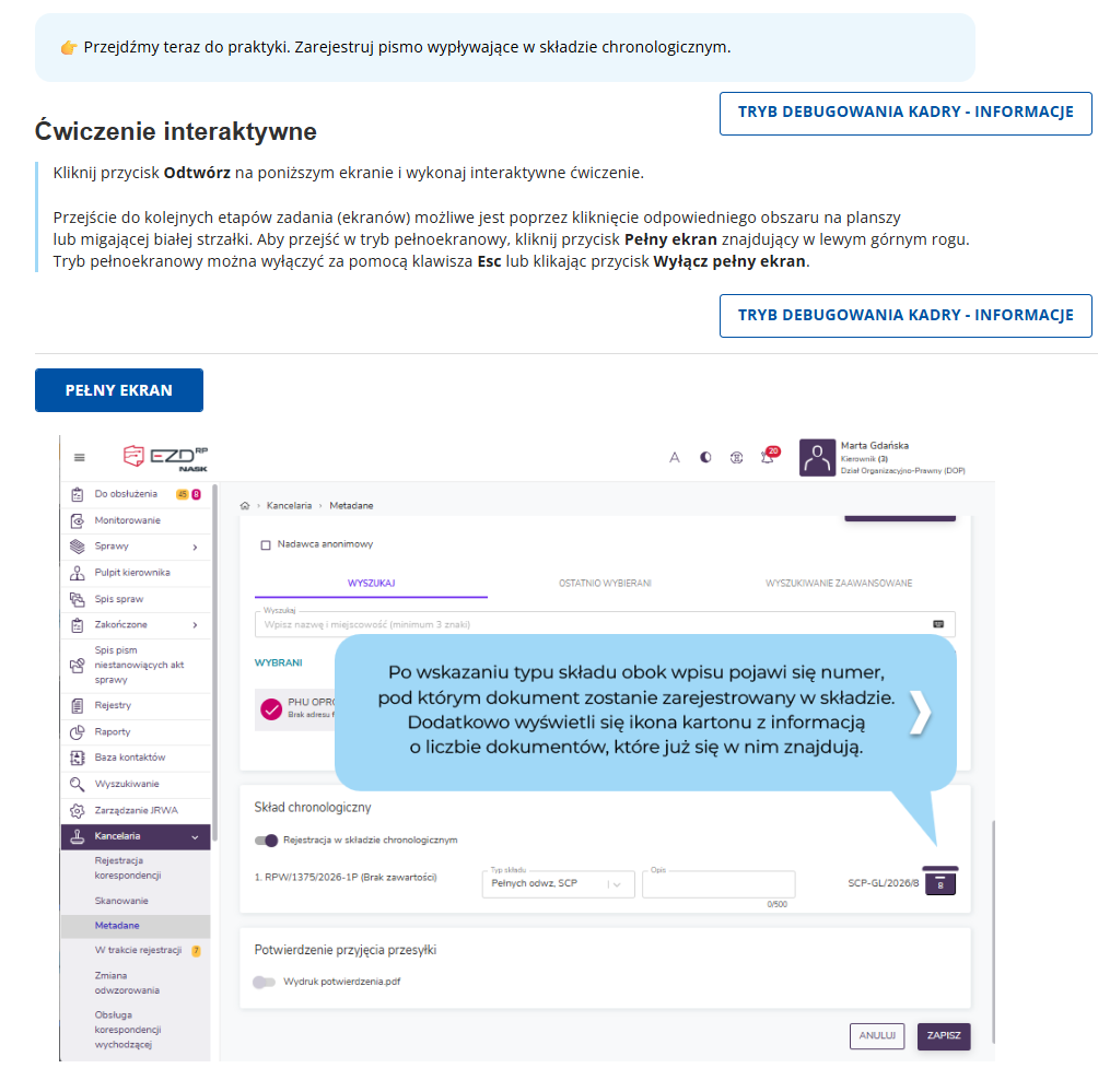 Jedno z ćwiczeń interaktywnych znajdujących się w kursie o obsłudze składu chronologicznego w systemie EZD RP.