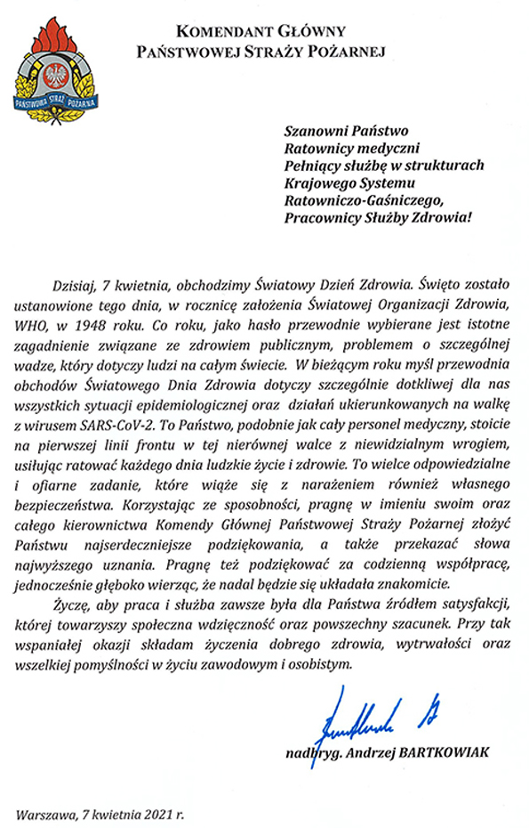 Życzenia Komendanta Głównego Państwowej Straży Pożarnej z okazji Światowego Dnia Zdrowia