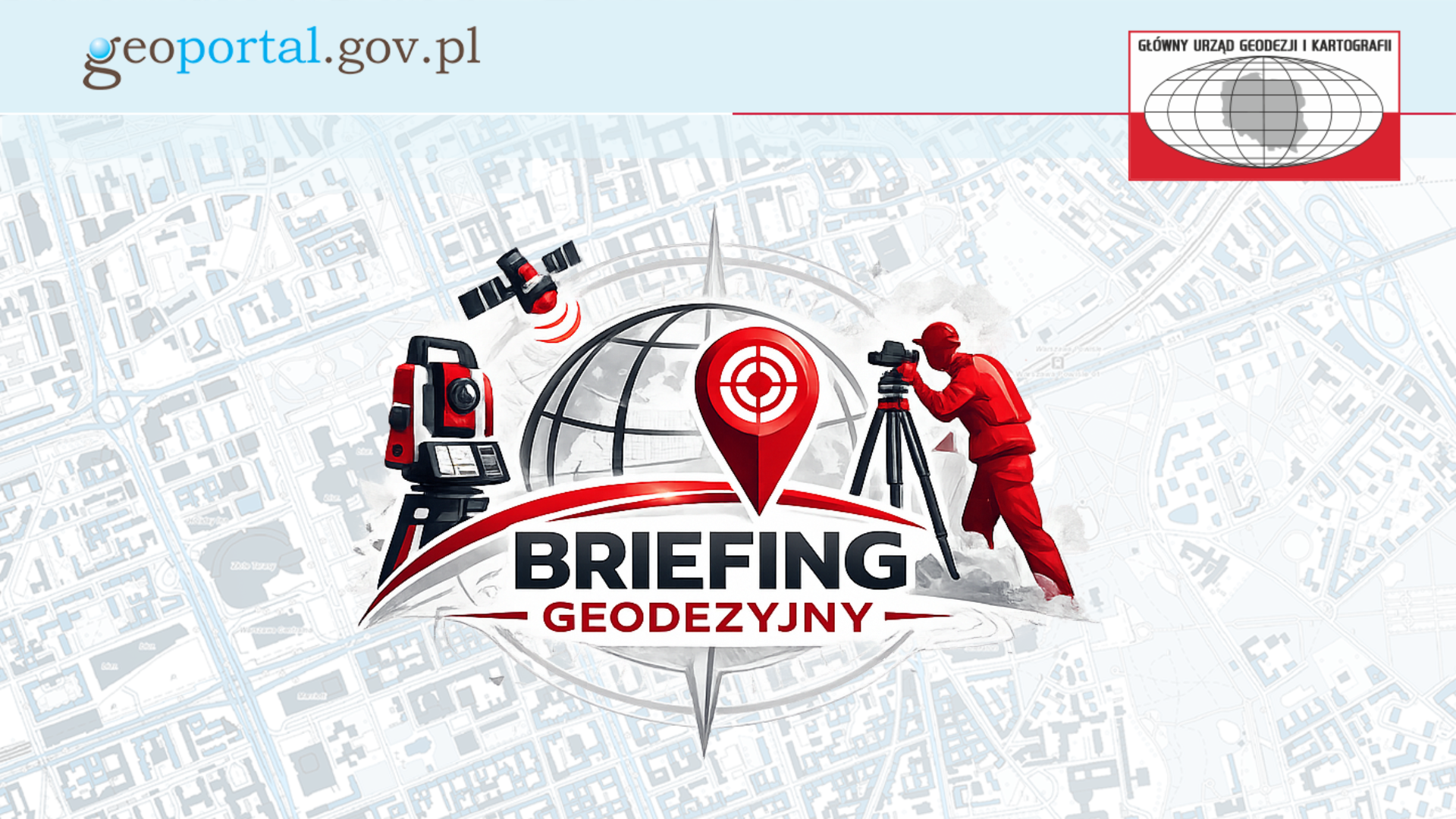 grafika z napisem "Briefing Geodezyjny" i logotypami GUGiK oraz Geoportalu