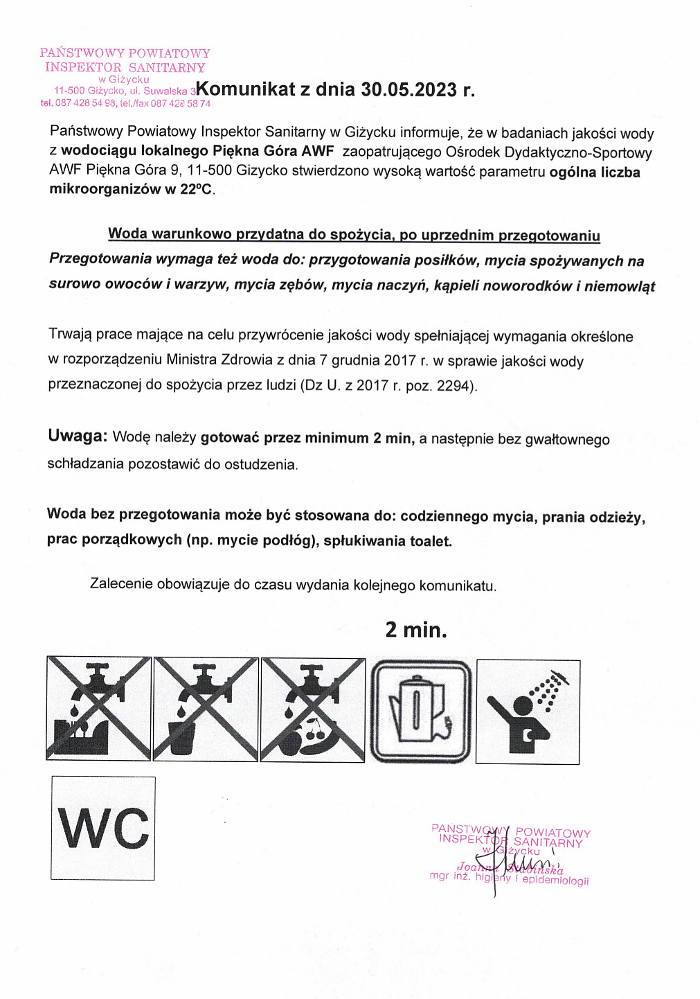 Komunikat z dnia 30.05.2023 r. (dot. wodociągu lokalnego Piękna Góra)