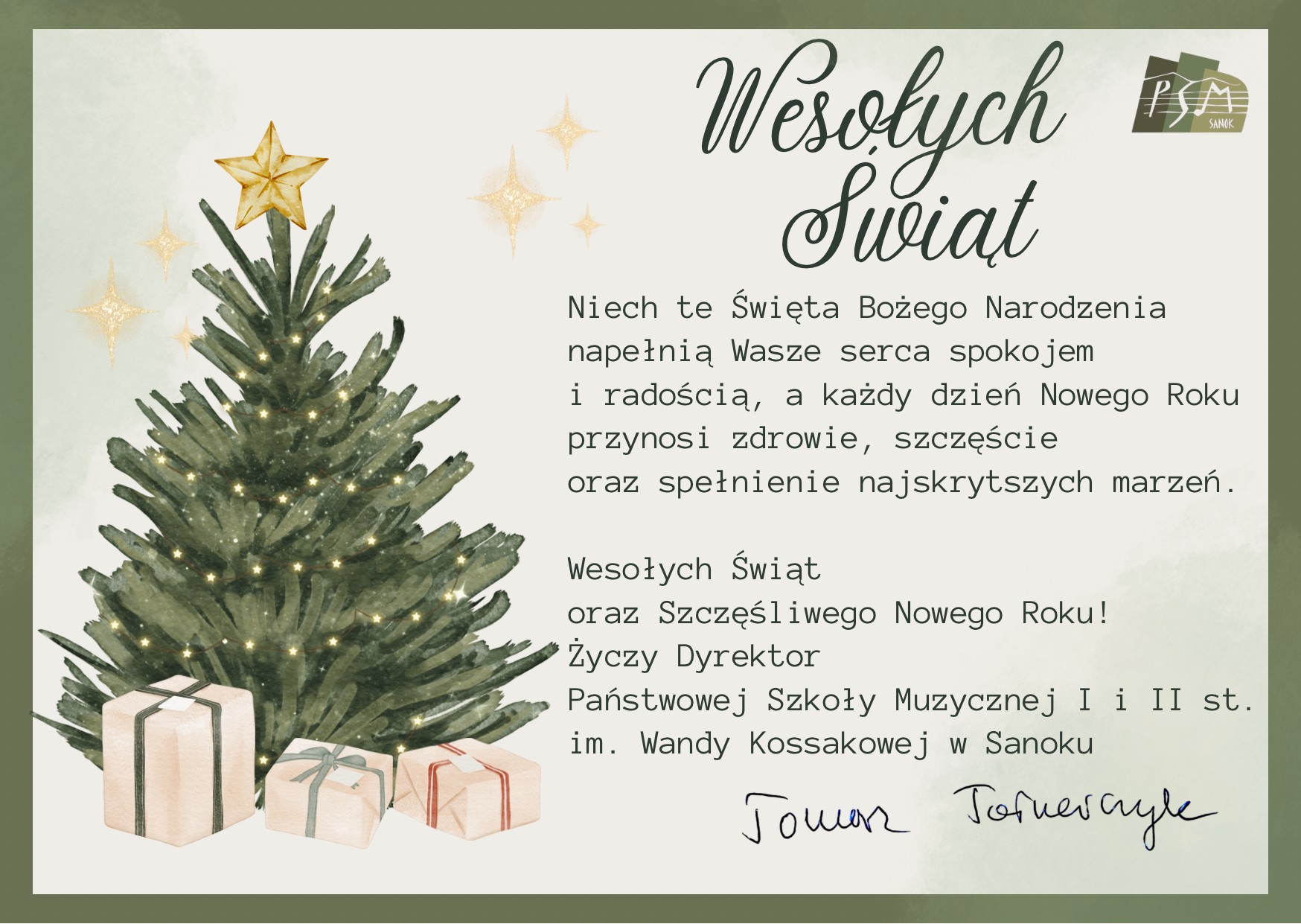 Wesołych Świąt oraz Szczęśliwego Nowego Roku życzy Dyrektor. W tle choinka z prezentami