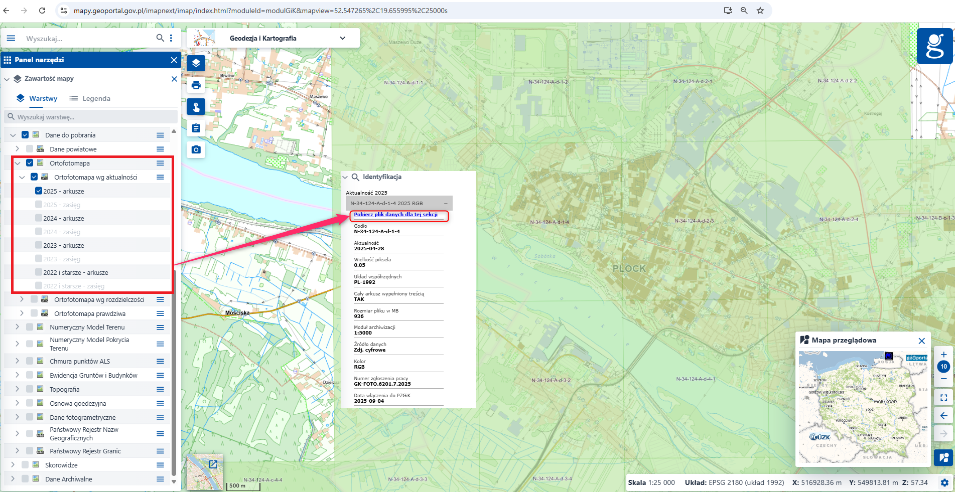 Ilustracja przedstawia zrzut ekranu w jaki sposób pobrać arkusze ortofotomapy z geoportal.gov.pl. 
