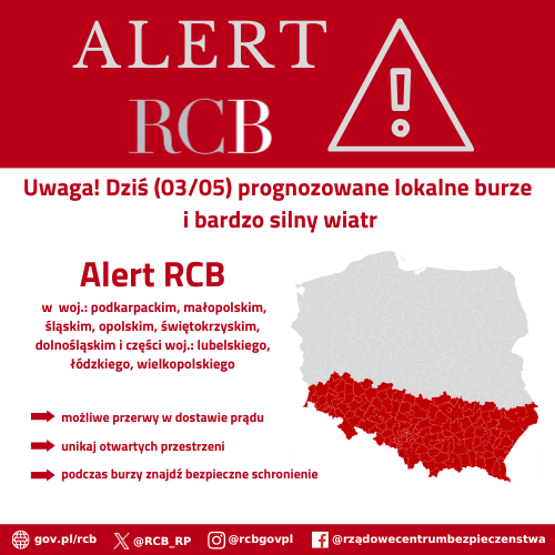 Alert RCB 3 maja 2025. Na czerwono zaznaczono obszar alarmowania.
