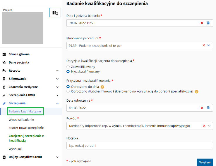 Rys. 2 Badanie kwalifikacyjne w statusie „niezakwalifikowany” ze wskazanym terminem odroczenia 