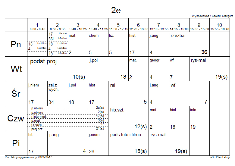 Na białym tle umieszczono plan lekcji dla pojedynczej klasy. Grafika składa się z tabelki w której umieszczono w układzie tygodniowym nazwy skrótowe szkolnych przedmiotów.