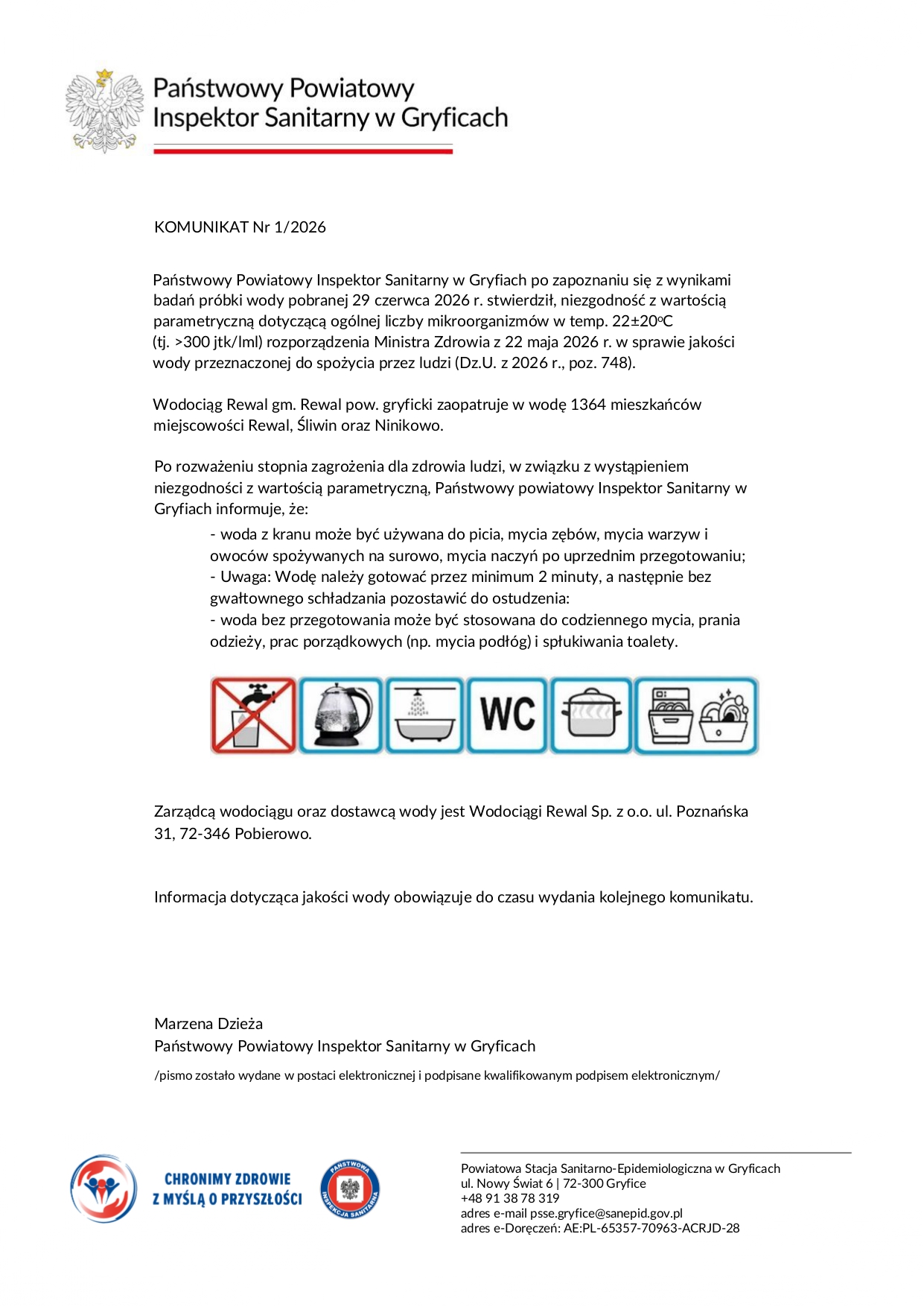 Komunikat PPIS w Gryficach nr 1/2026 o warunkowej przydatności do spożycia wody z wodociągu Rewal. Woda do picia i przygotowywania żywności wymaga przegotowania przez co najmniej 2 minuty. Dotyczy mieszkańców miejscowości Rewal, Śliwin i Ninikowo.