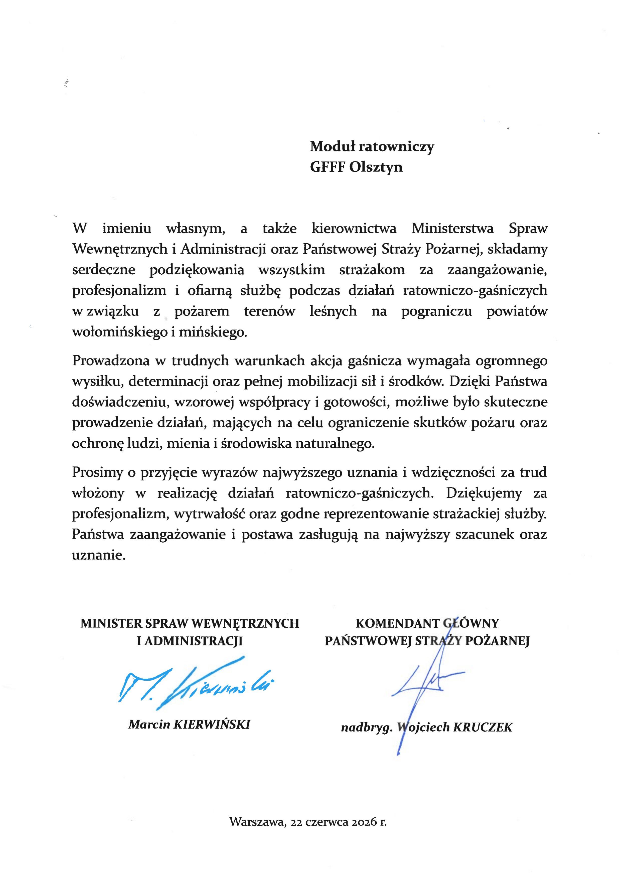Podziękowania MSWiA i KG PSP