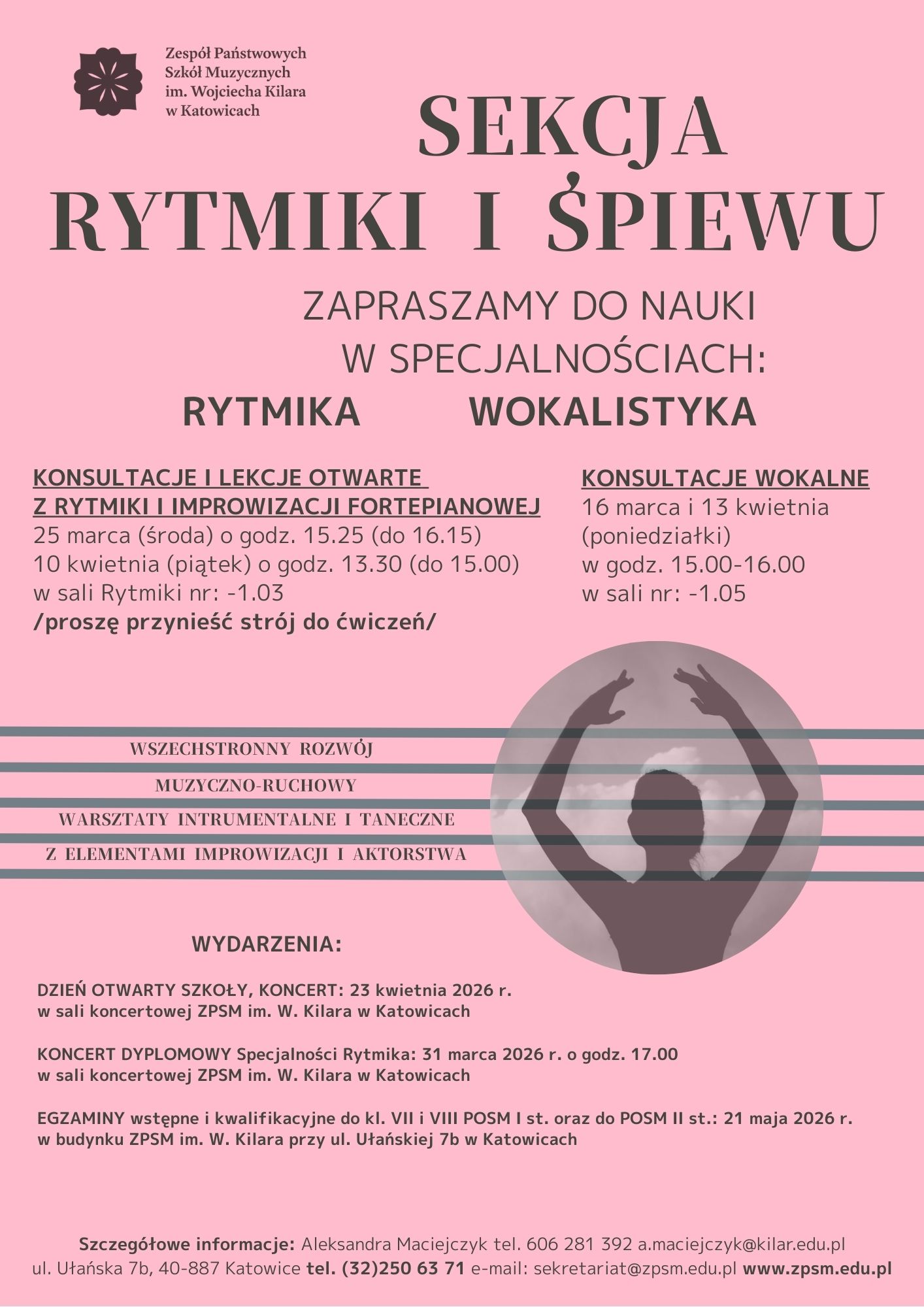 Plakat rekrutacyjny Sekcji Rytmiki i Śpiewu ZPSM im. W. Kilara w Katowicach na rok 2026. Zawiera harmonogram konsultacji z rytmiki (25 marca, 10 kwietnia) i wokalistyki (16 marca, 13 kwietnia), datę Dnia Otwartego (23 kwietnia) oraz termin egzaminów wstępnych (21 maja)