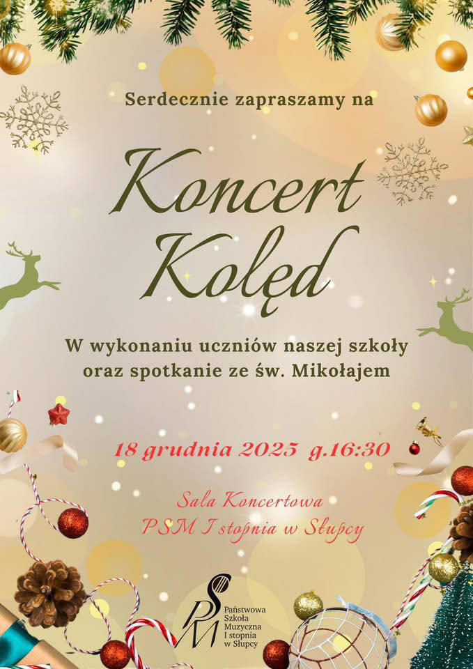 informacje o koncercie kolęd, wokół grafiki ozdób świątecznych, kremowe tło