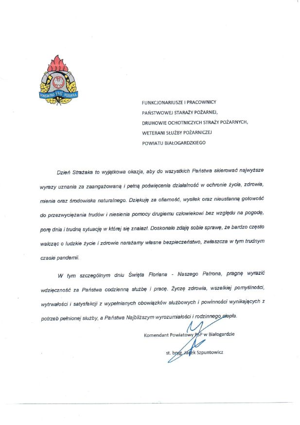 Zdjęcie przedstawia życzenia Komendanta Powiatowego PSP w Białogardzie st. bryg. Jacka Szpuntowicza z okazji Dnia Strażaka. W lewej górnej części listu logo PSP