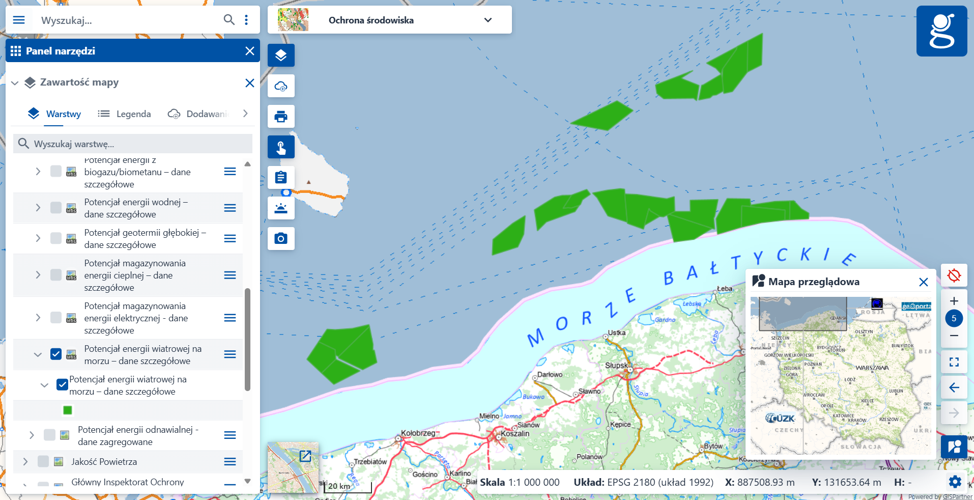 Zrzut ekranu z serwisu www.geoportal.gov.pl, prezentujący nową usługę "Potencjał energii wiatrowej na morzu – dane szczegółowe"