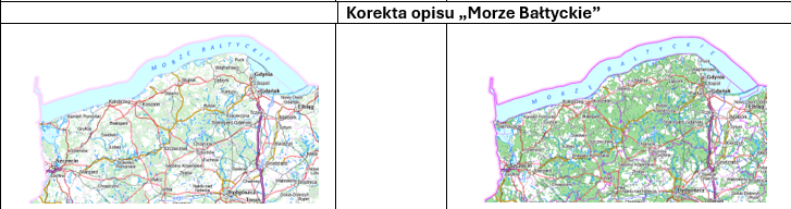 Ilustracja przedstawia korektę opisu „Morze Bałtyckie” i opis „Morze Bałtyckie” przed korektą