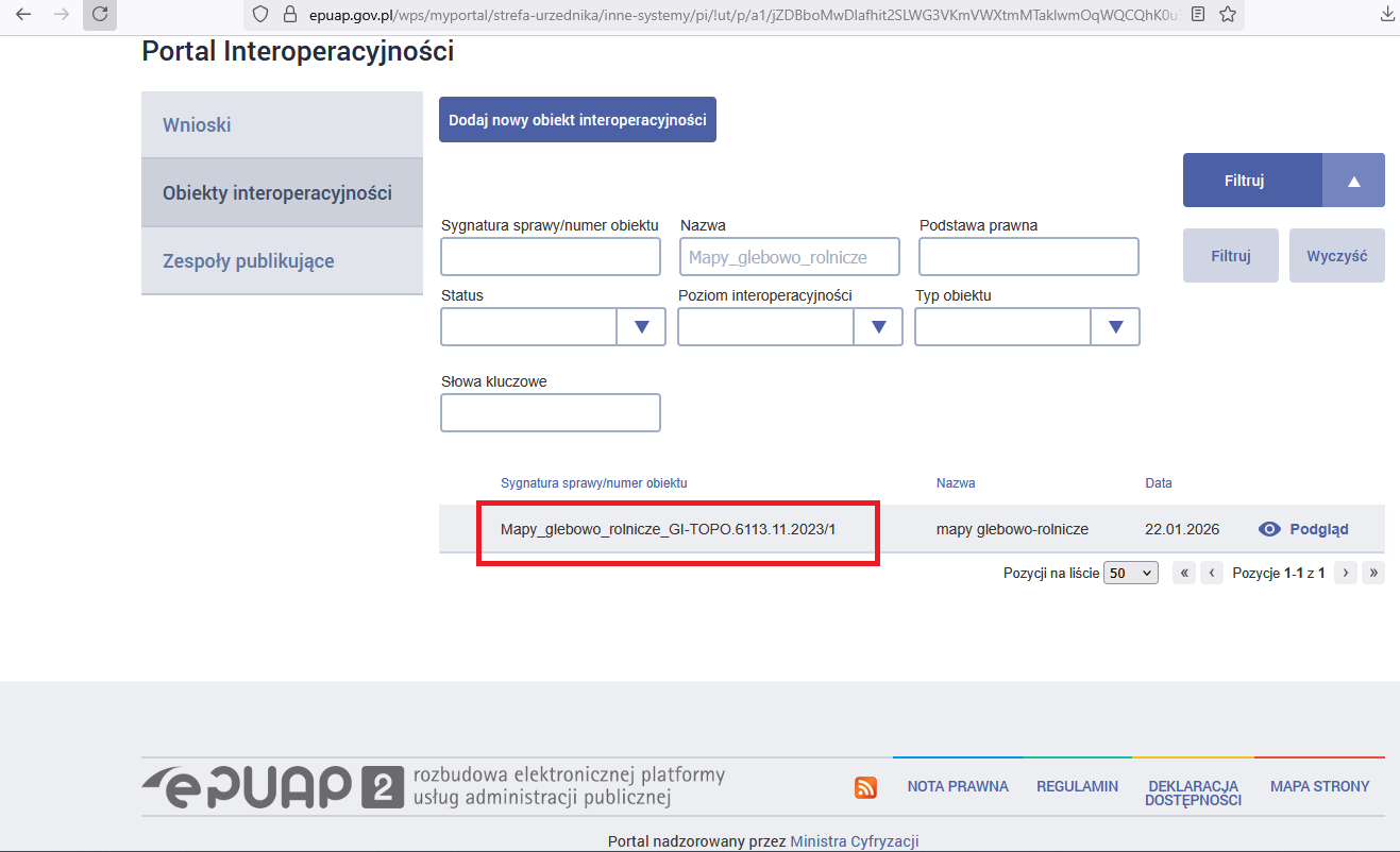 zrzut prezentuje lokalizację obiektu Mapy_glebowo_rolnicze_GI-TOPO.6113.11.2023/1 w Portalu Interoperacyjności