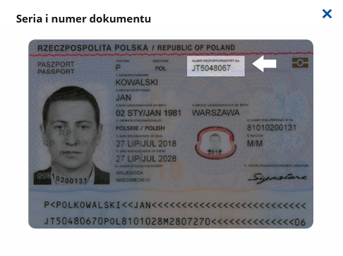 Wizualizacja, gdzie jest numer i seria dokumentu paszportowego na dokumencie paszportowym