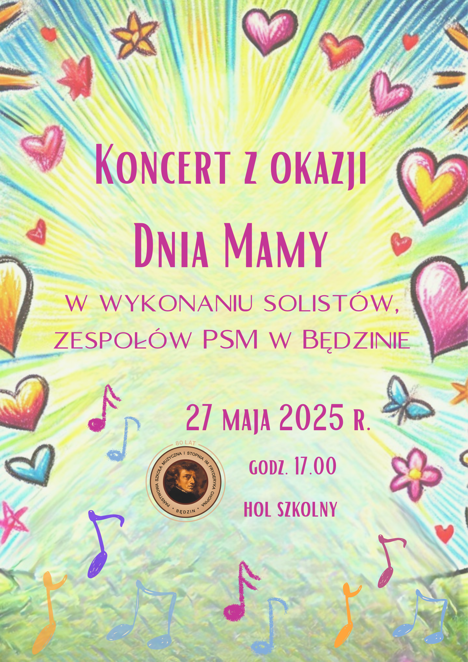 plakat na pastelowym tle, na środku różowe napisy i logo szkoły, wokół plakatu ikony serc i nut