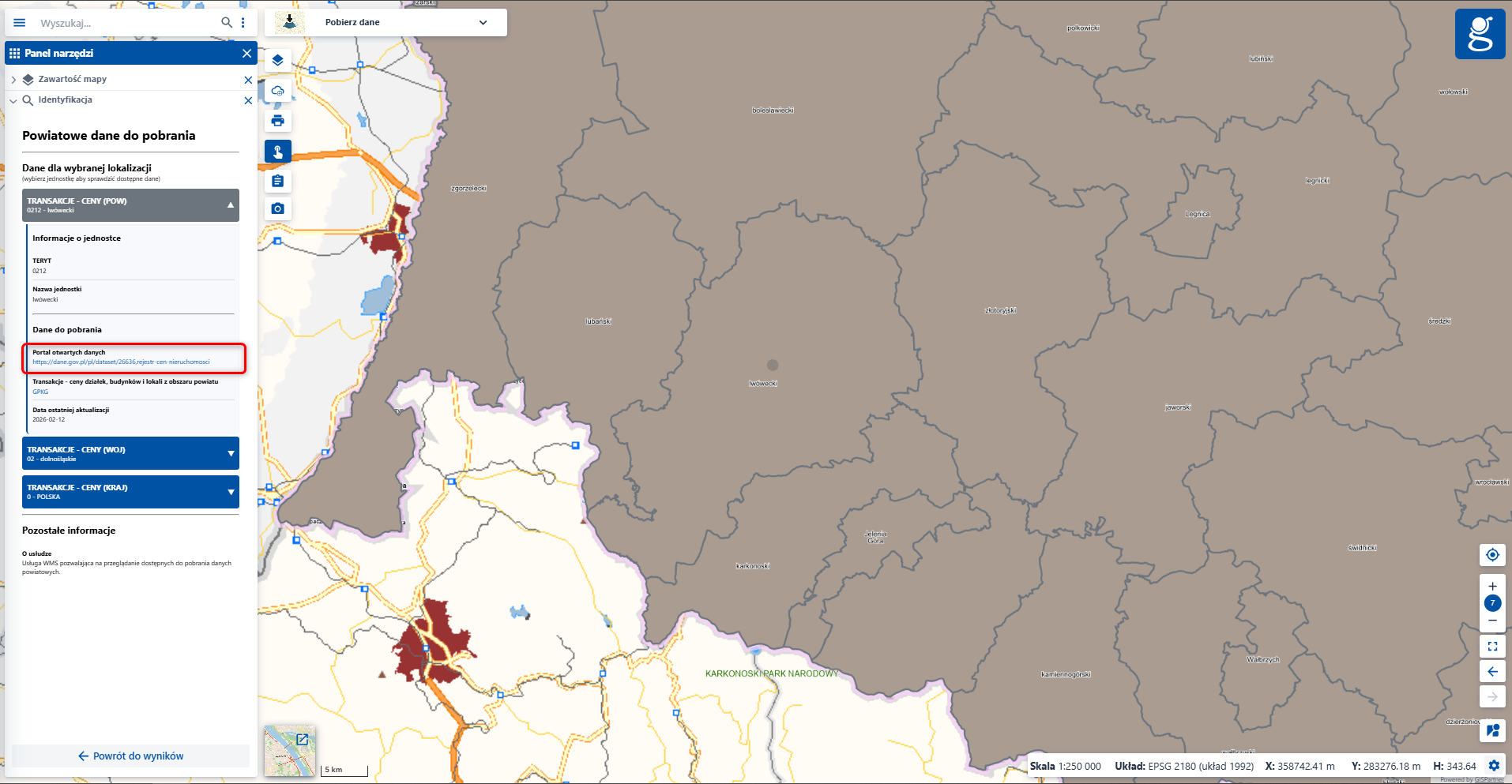 zrzut z serwisu www.geoportal.gov.pl przedstawiający możliwość odwołanie do pliku GML RCN w Portalu Otwartych Danych