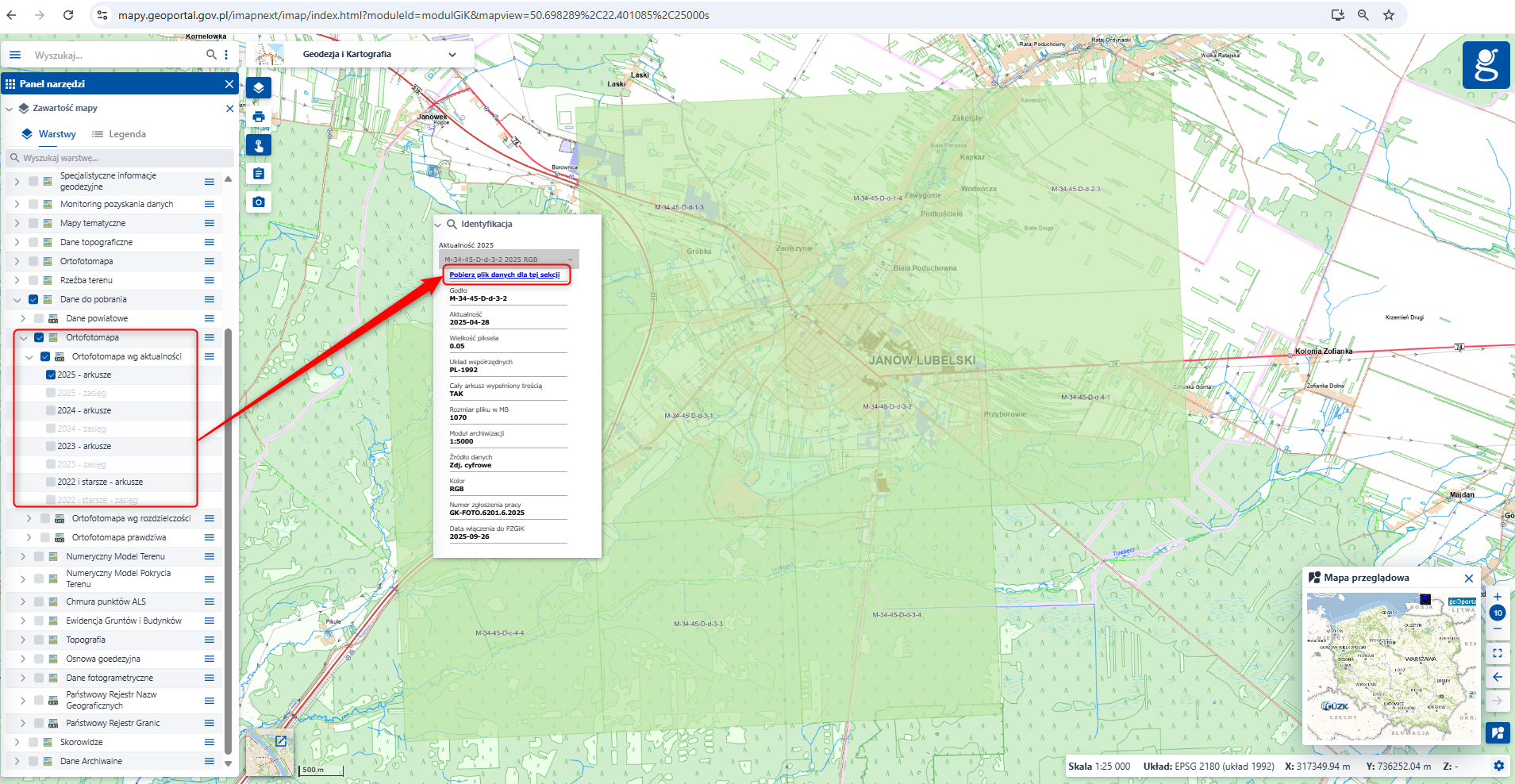 Ilustracja przedstawia zrzut ekranu w jaki sposób pobrać arkusze ortofotomapy z geoportal.gov.pl.