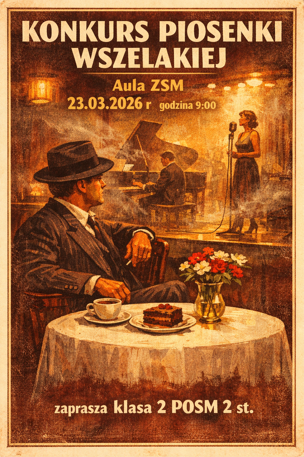 Tło - grafika pomieszczenia z restauracji z ludźmi, tekst dotyczący Konkursu Piosenki Wszelakiej