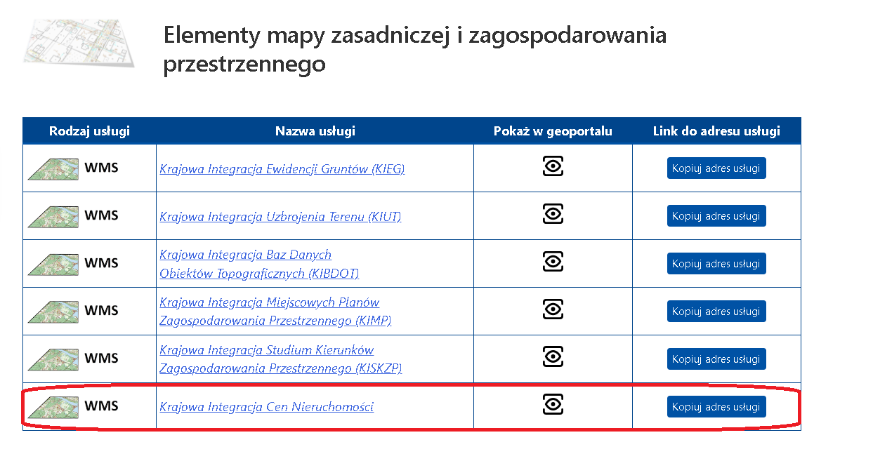 Ilustracja przedstawia stronę główną Geoportalu z fragmentem wykazu usług przeglądania WMS WMTS w tym m.in z usługą Ceny nieruchomości.