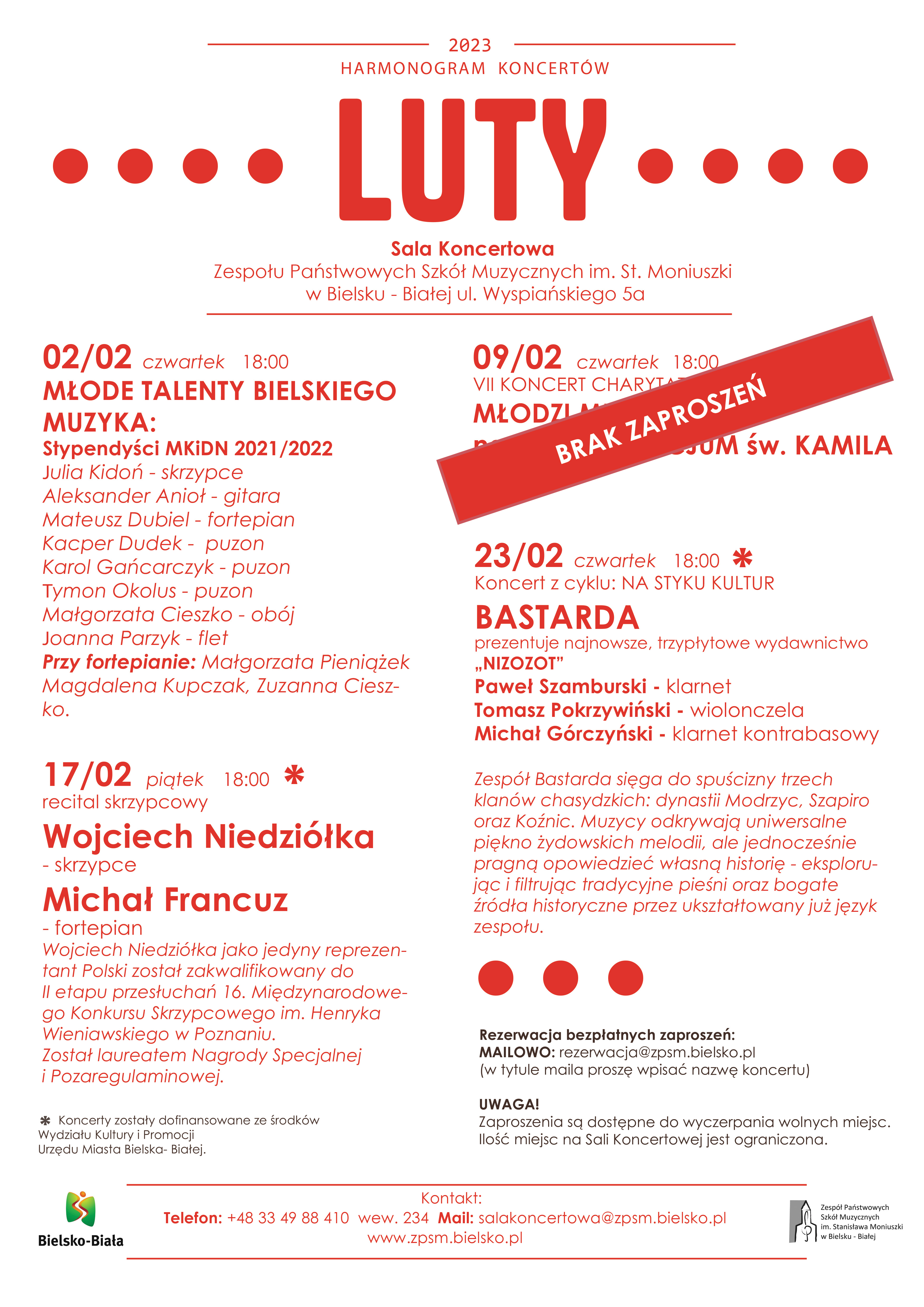 Plakat na białym tle. Czerwone napisy harmonogram koncertów w sali koncertowej ZPSM w Bielsku-Białej - Luty 2023 roku