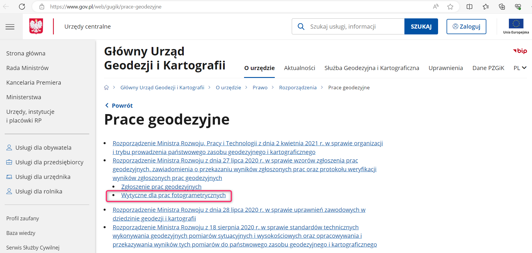 Ilustracja przedstawia zrzut ze strony internetowej GUGiK