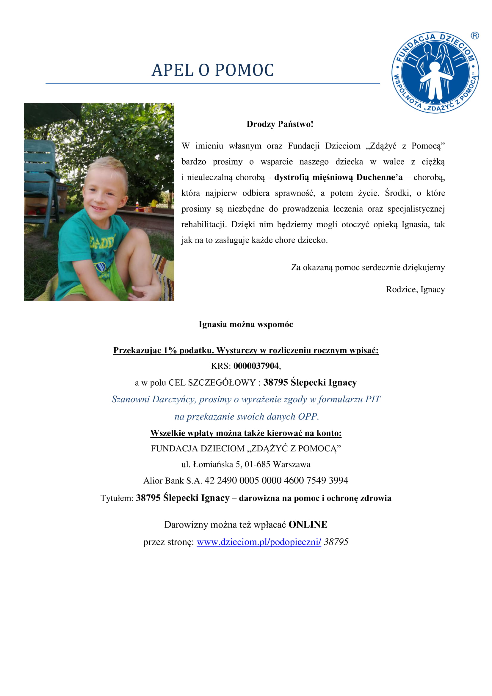 apel o pomoc dla Ignasia