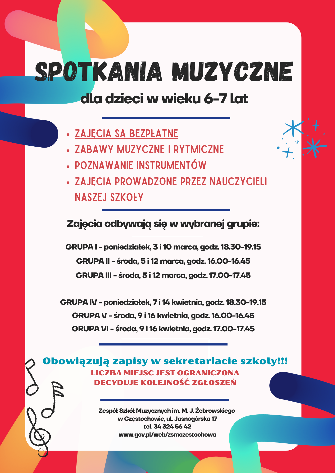 Kolorowe tło, tekst dotyczący spotkań muzycznych dla dzieci 6-7 letnich