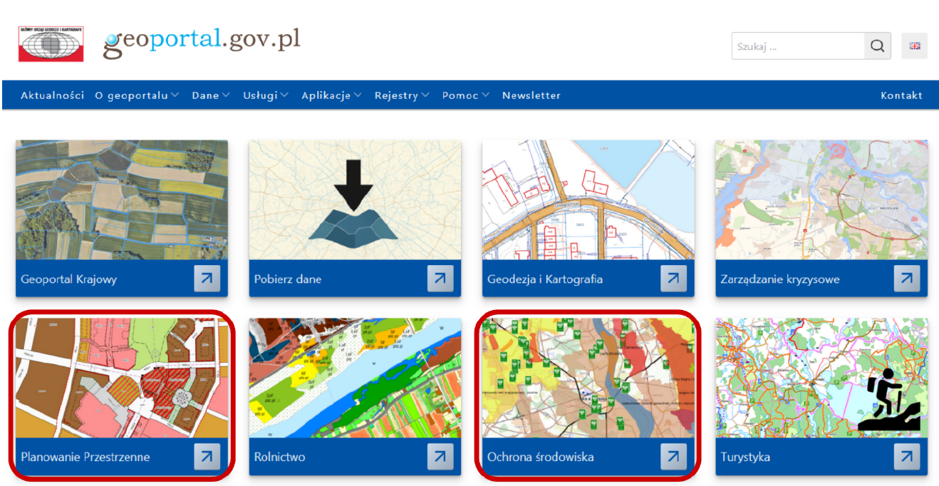 Zrzut ekranu prezentujący moduły serwisu www.geoportal.gov.pl, w których udostępnione zostały nowe usługi WMS.
