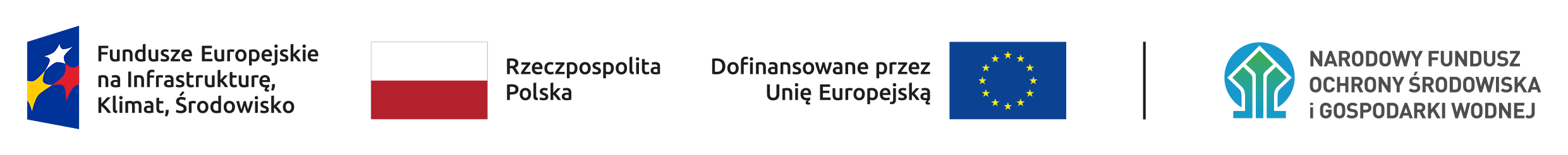 Ciąg znaków, od lewej: Fundusze Europejskie na Infrastrukturę, Klimat, Środowisko, Rzeczpospolita Polska, Dofinansowane przez Unię Europejską i Narodowy Fundusz Ochrony Środowiska i Gospodarki Wodnej