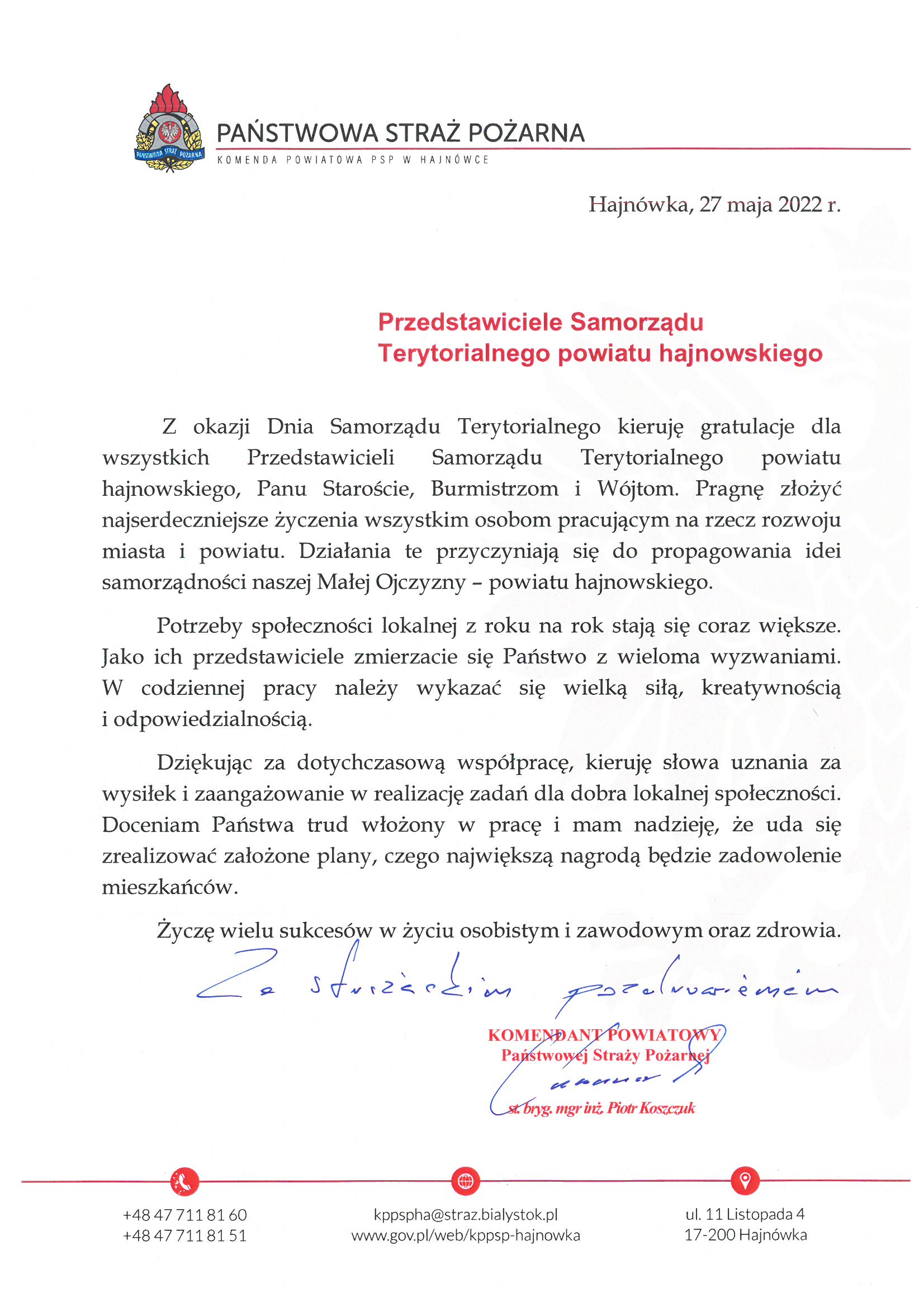 Życzenia z okazji Dnia Samorządu Terytorialnego