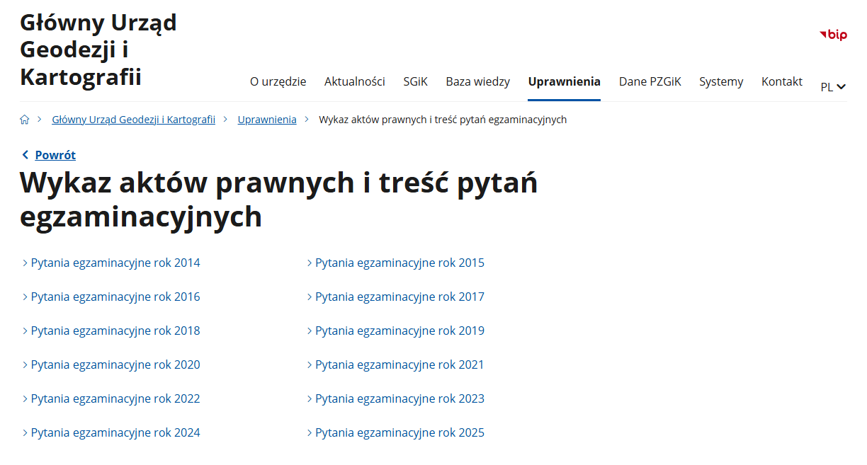 zrzut ekranu ze strony GUGiK zakładki Uprawnienia - Wykaz aktów prawnych i treść pytań egzaminacyjnych z Biuletynu Informacji Publicznej, znajdującego się na stronie podmiotowej Głównego Urzędu Geodezji i Kartografii.