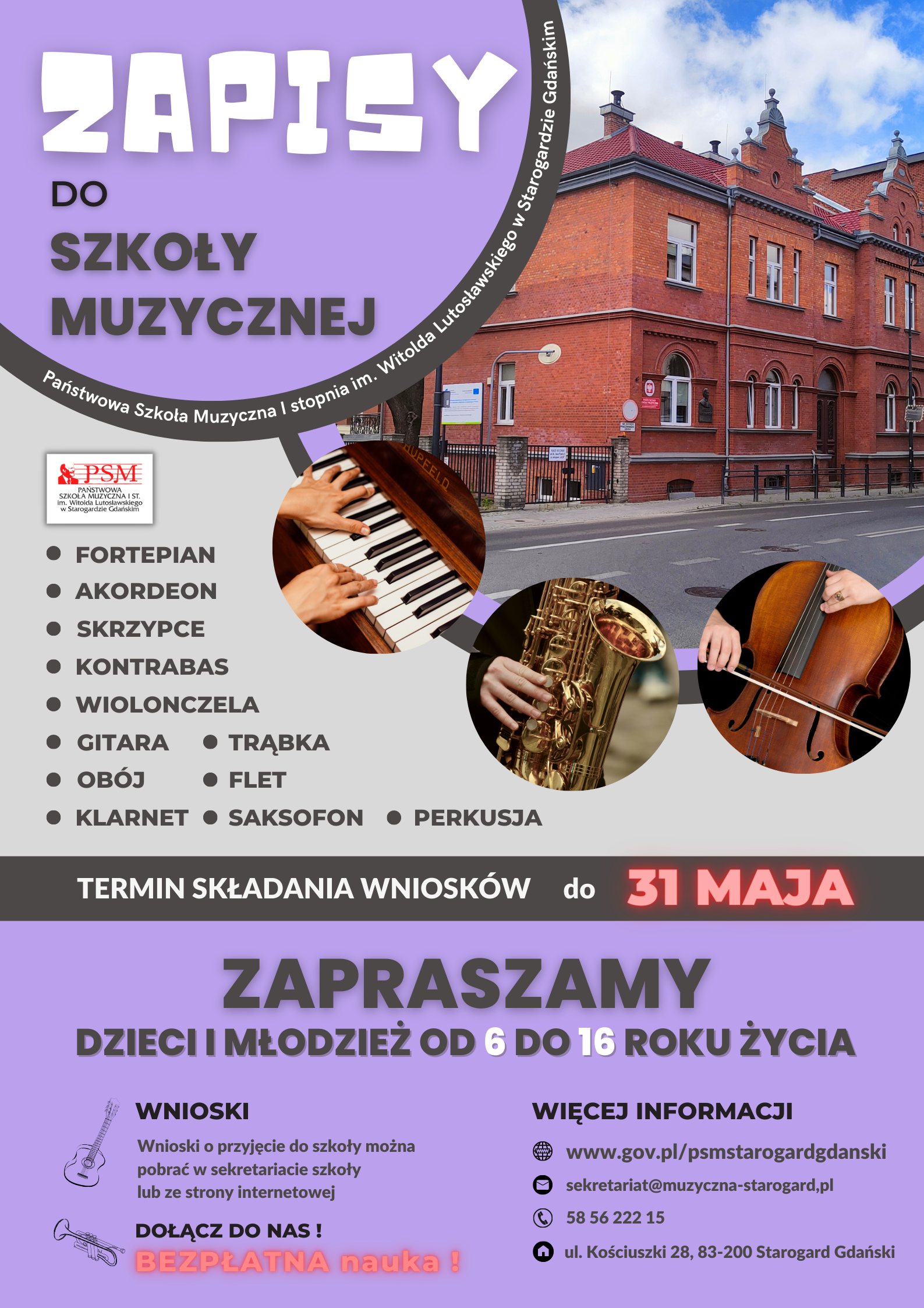 Plakat zapisów do PSM I st. w Starogardzie Gdańskim