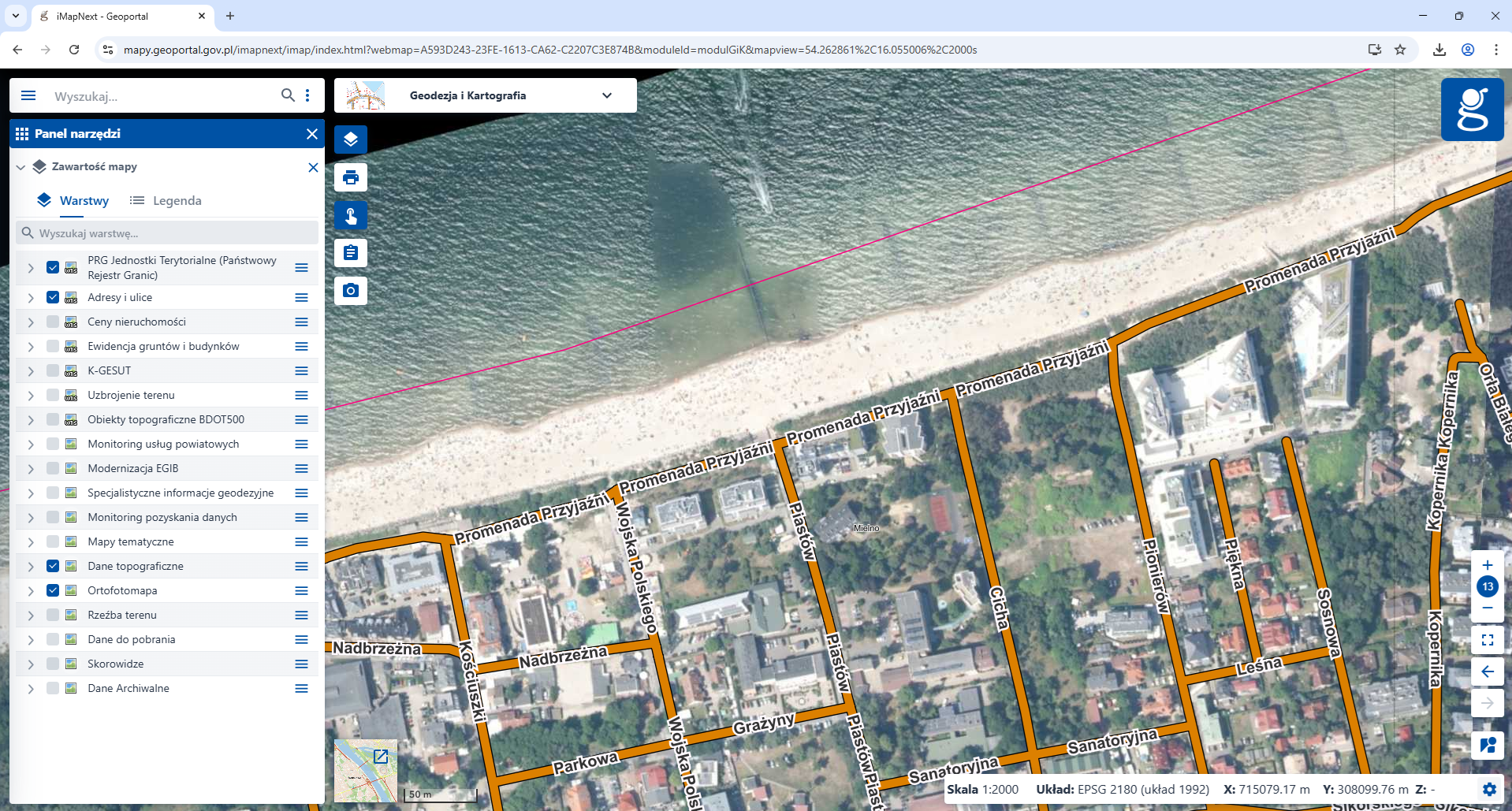 zrzut z Geoportalu przedstawiający Promenadę Przyjaźni