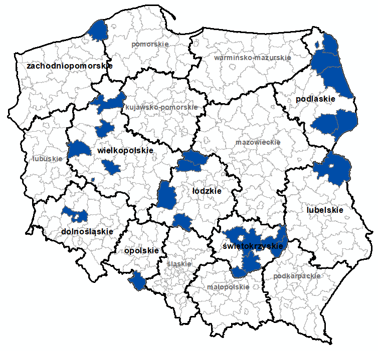 Ilustracja przedstawia obszary powiatów objętych aktualizacją zbiorów danych BDOT10k.