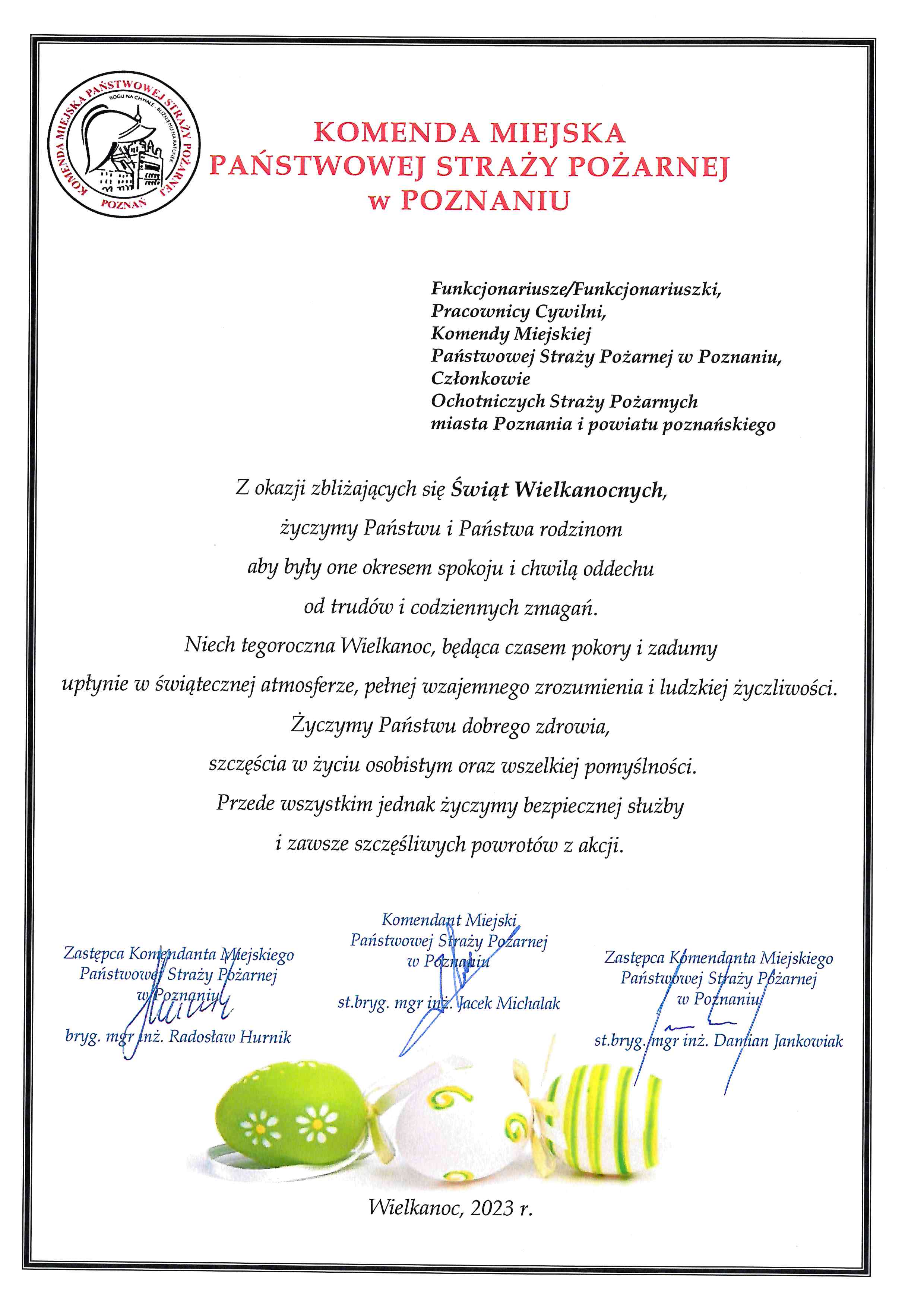 ŻYCZENIA WIELKANOCNE KOMENDANTA MIEJSKIEGO PSP W POZNANIU