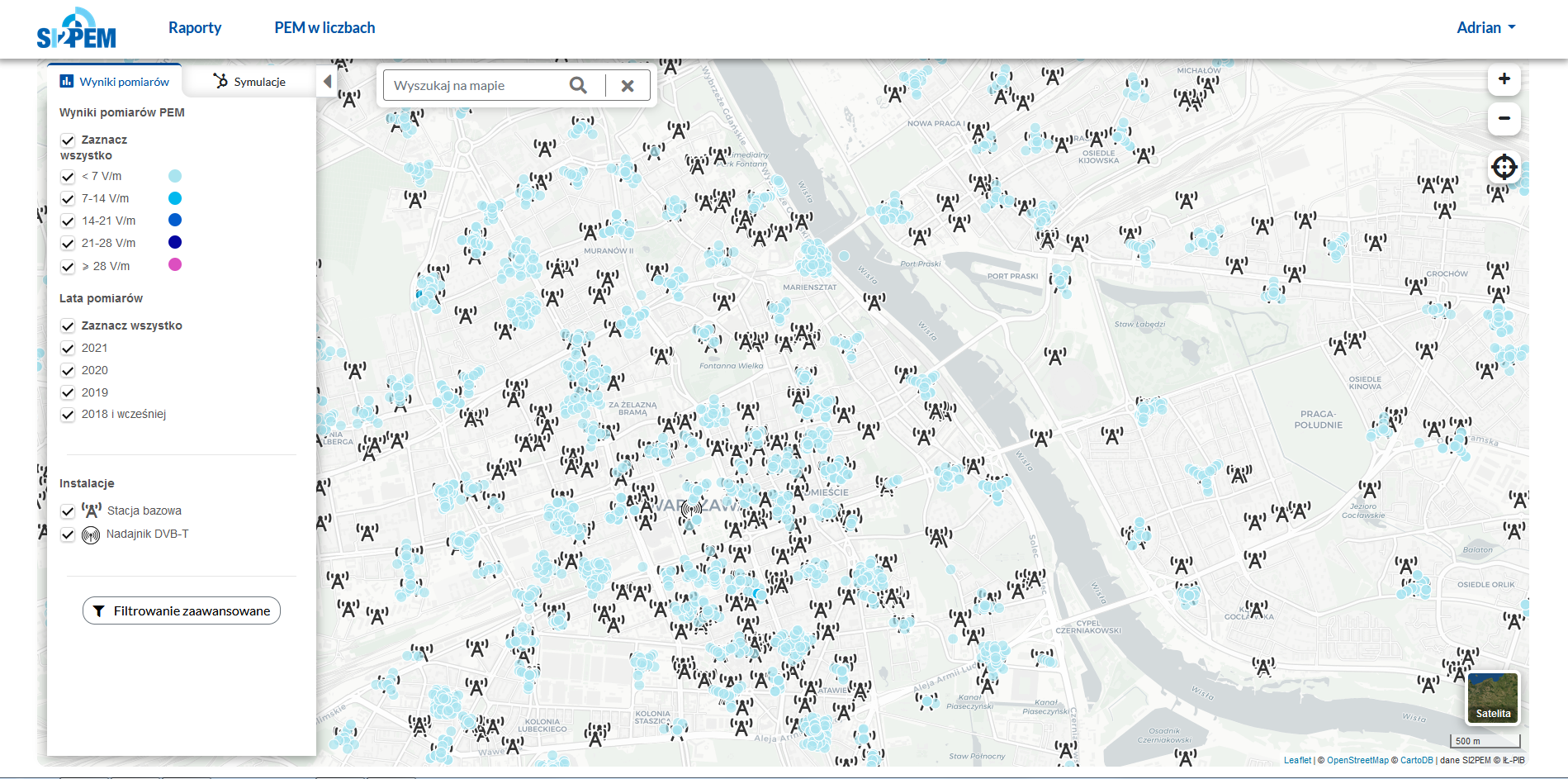 Fragment systemu SI2PEM, widoczne zbliżenie na stacje bazowe w okolicy.
