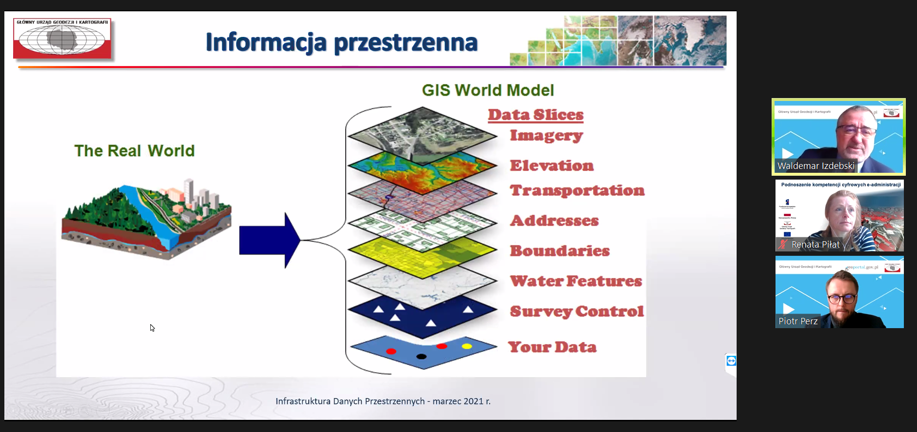Zrzut ekranu z programu ZOOM przedstawiający Głównego Geodetę Kraju dr hab. inż. Waldemara Izdebskiego z pracowikami GUGiK prezentującego zasady działania informacji przestrzennej.