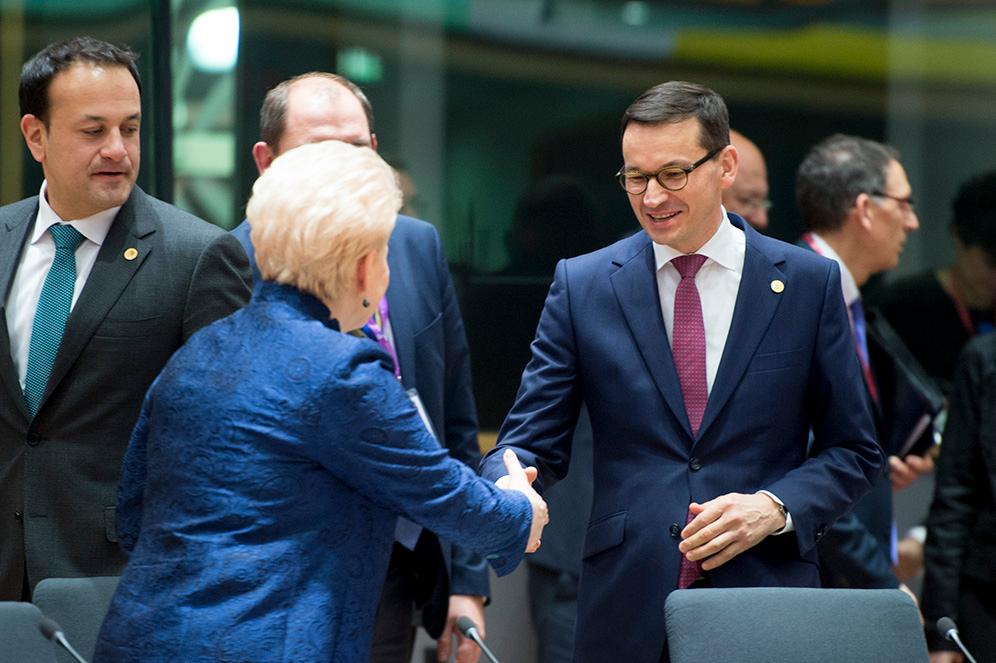 Premier Mateusz Morawiecki wita się z premierami przed Radą Europejską.