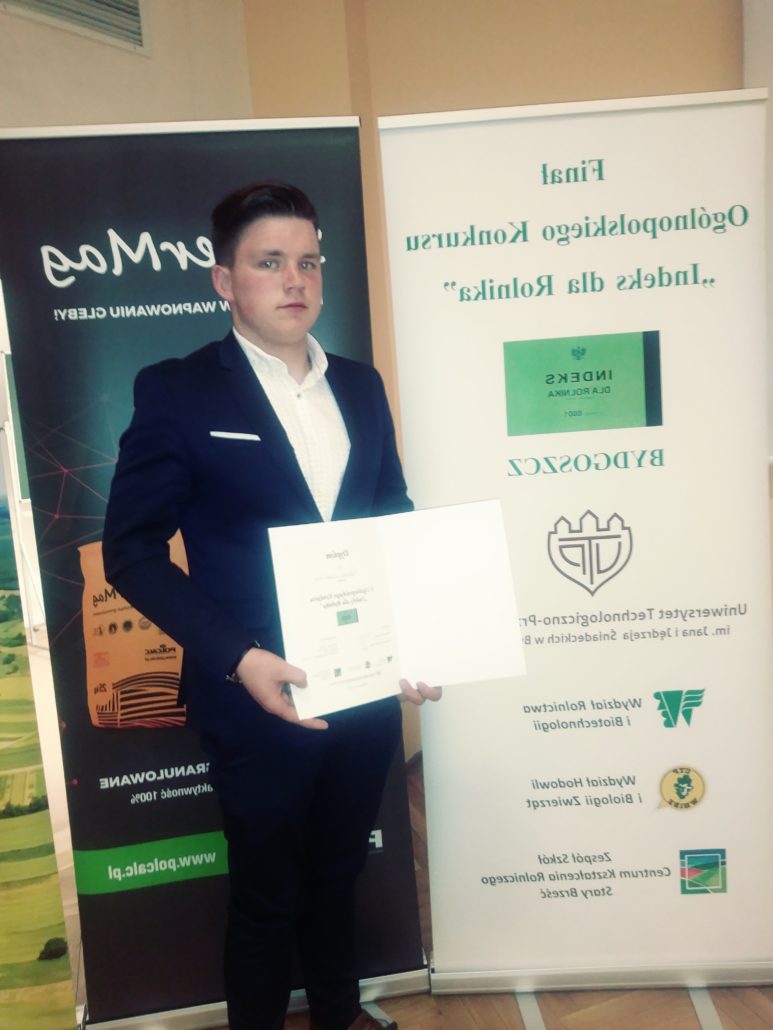 MATEUSZ WITASZEWSKI, UCZEŃ III KLASY W ZSCKR W ZDUŃSKIEJ DĄBROWIE WŚRÓD FINALISTÓW OGÓLNOPOLSKIEGO KONKURSU „INDEKS DLA ROLNIKA”