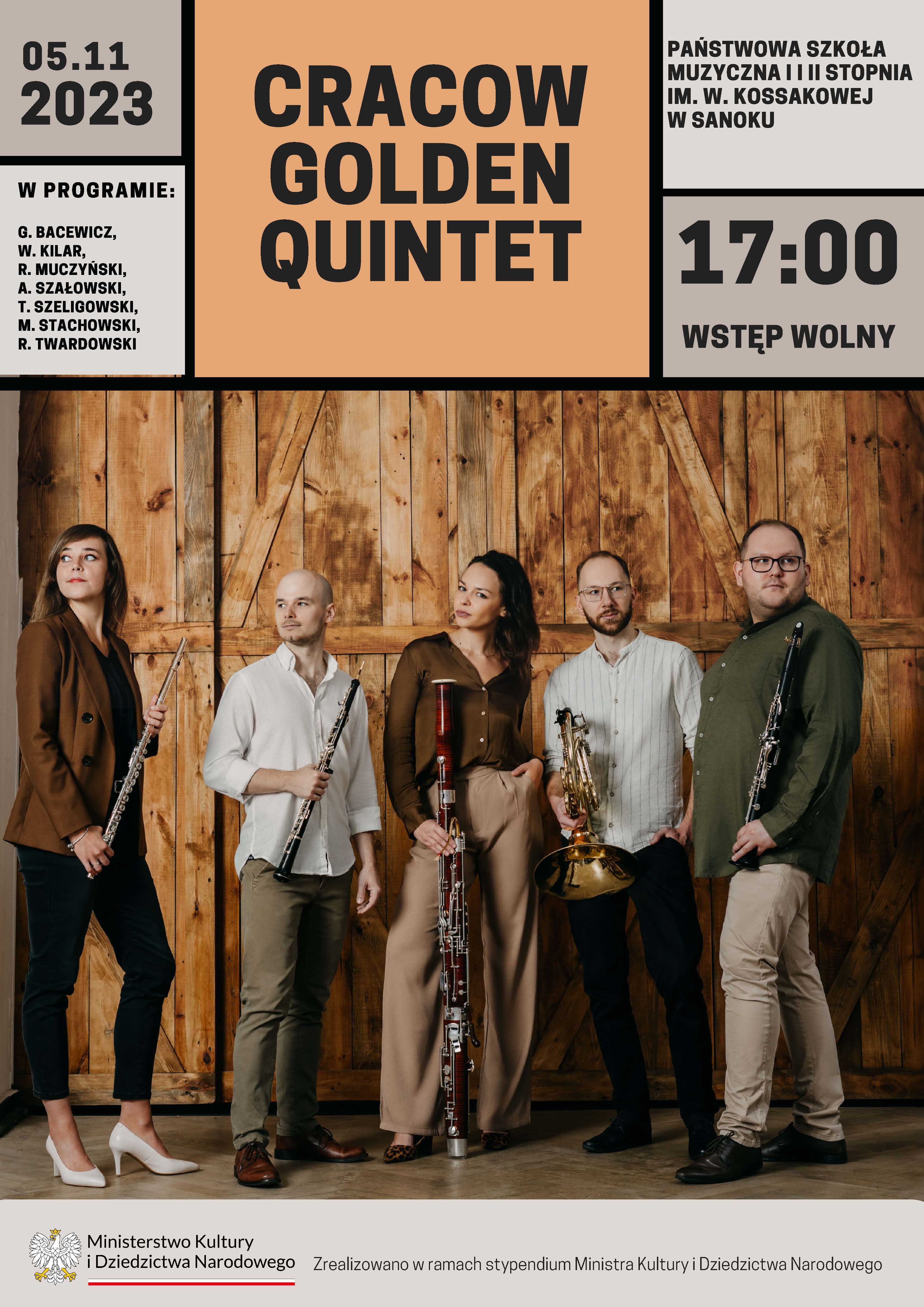 Plakat koncertu Crackow Giolden Quintet. Zdjęcie zespołu, w tle drewniana ściana