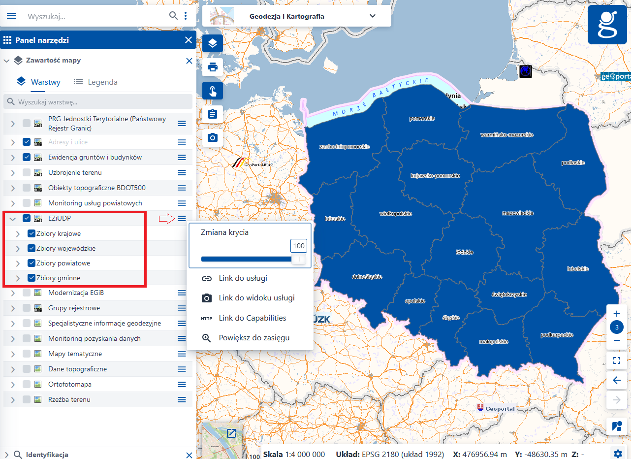 Warstwy dostępne w usłudze przeglądania dla ewidencji zbiorów i usług danych przestrzennych.