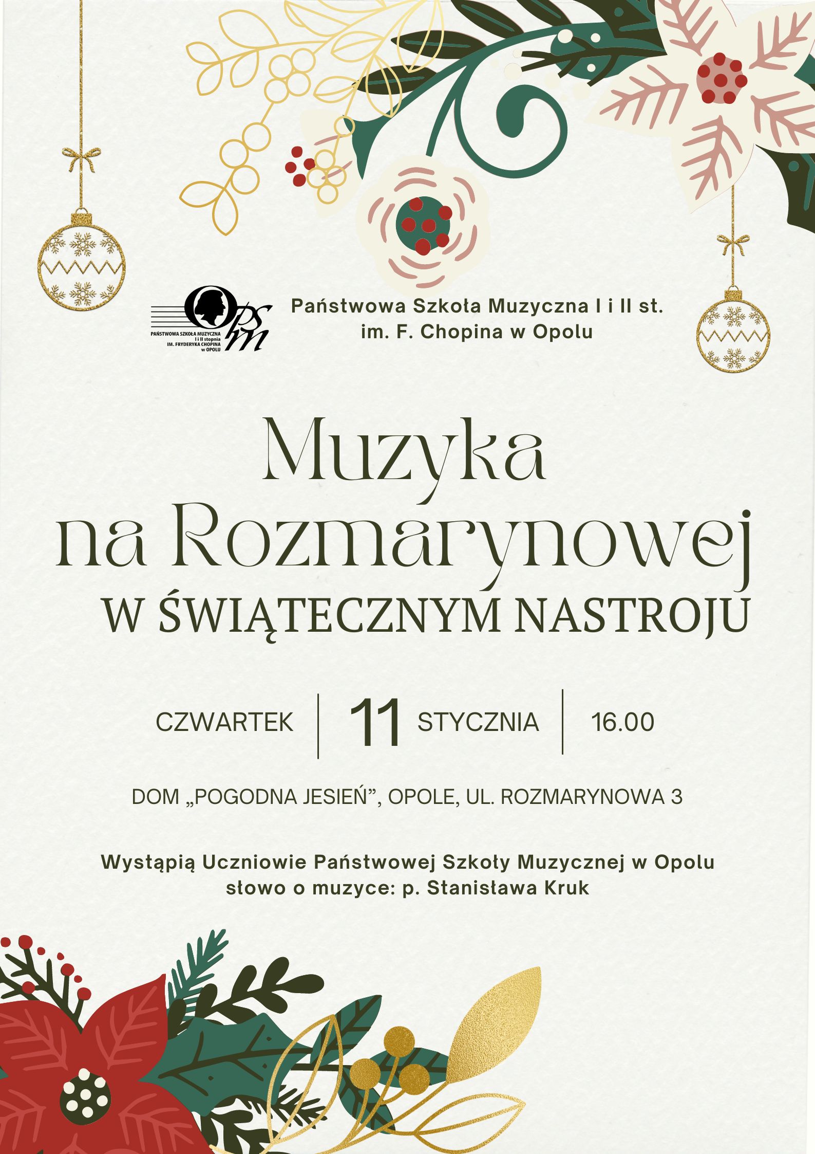 Plakat styczniowego koncertu Muzyka na Rozmarynowej