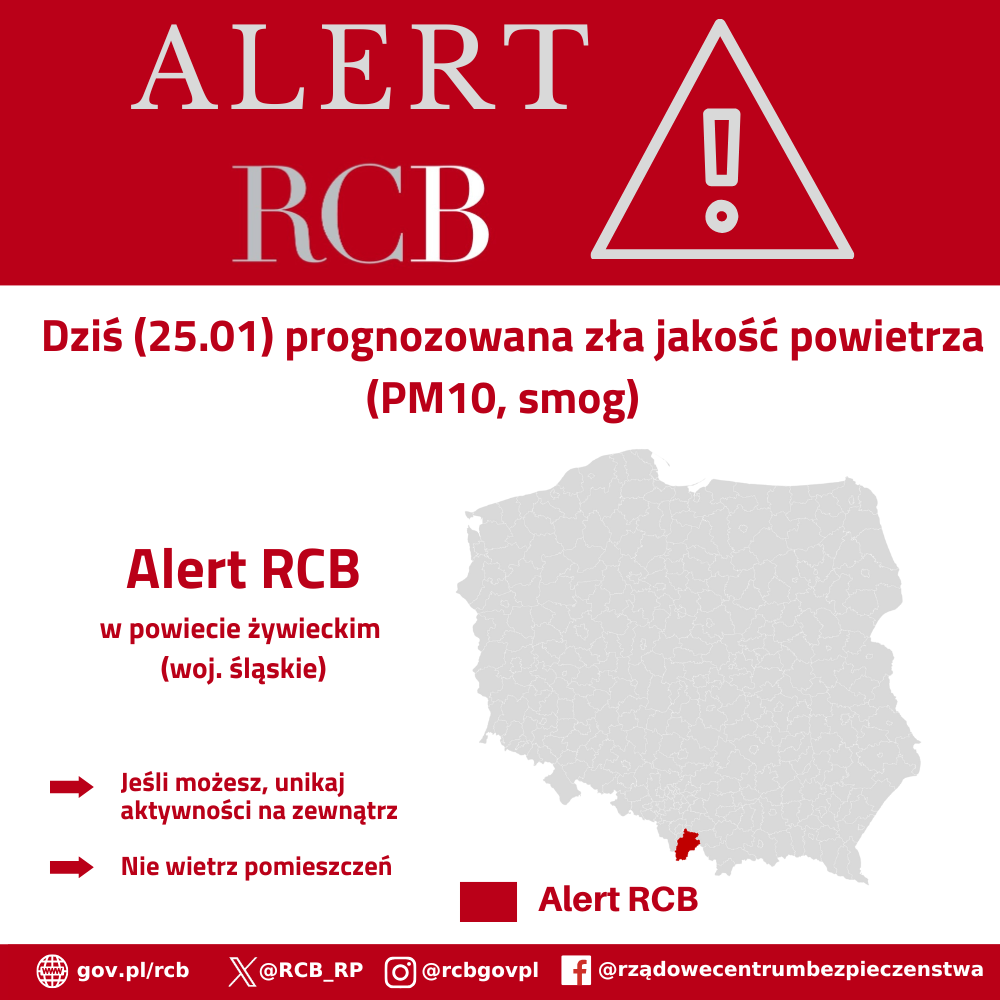 Alert RCB o treści „Uwaga! Dziś (25.01) prognozowana zła jakość powietrza - SMOG (pył zawieszony - PM10). Jeśli możesz, unikaj aktywności na zewnątrz i nie wietrz pomieszczeń” wysłany 25 stycznia 2026.