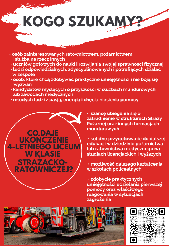 Plakat z informacjami dla kandydatów do nauki w klasie o profilu strażacko-ratowniczej