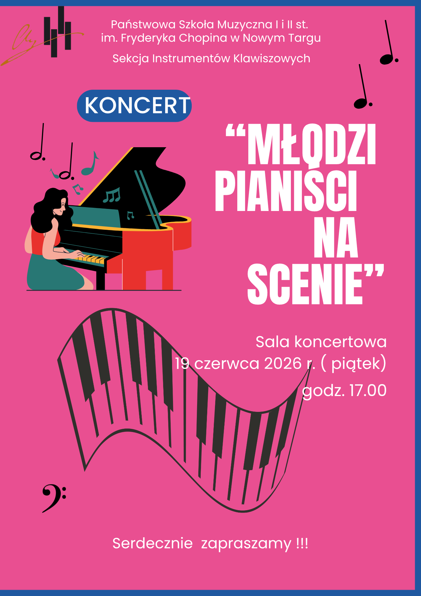 Plakat o nazwie charakteryzuje się wyrazistym, różowym tłem z niebieską ramką po prawej stronie. Głównym elementem graficznym jest ilustracja kobiety grającej na czarno-czerwonym fortepianie oraz pofalowana klawiatura przypominająca wstęgę. Na plakacie widoczne są nuty i klucz basowy. Tekst wykonany jest białą, pogrubioną czcionką i informuje o nadchodzącym koncercie młodych pianistów.