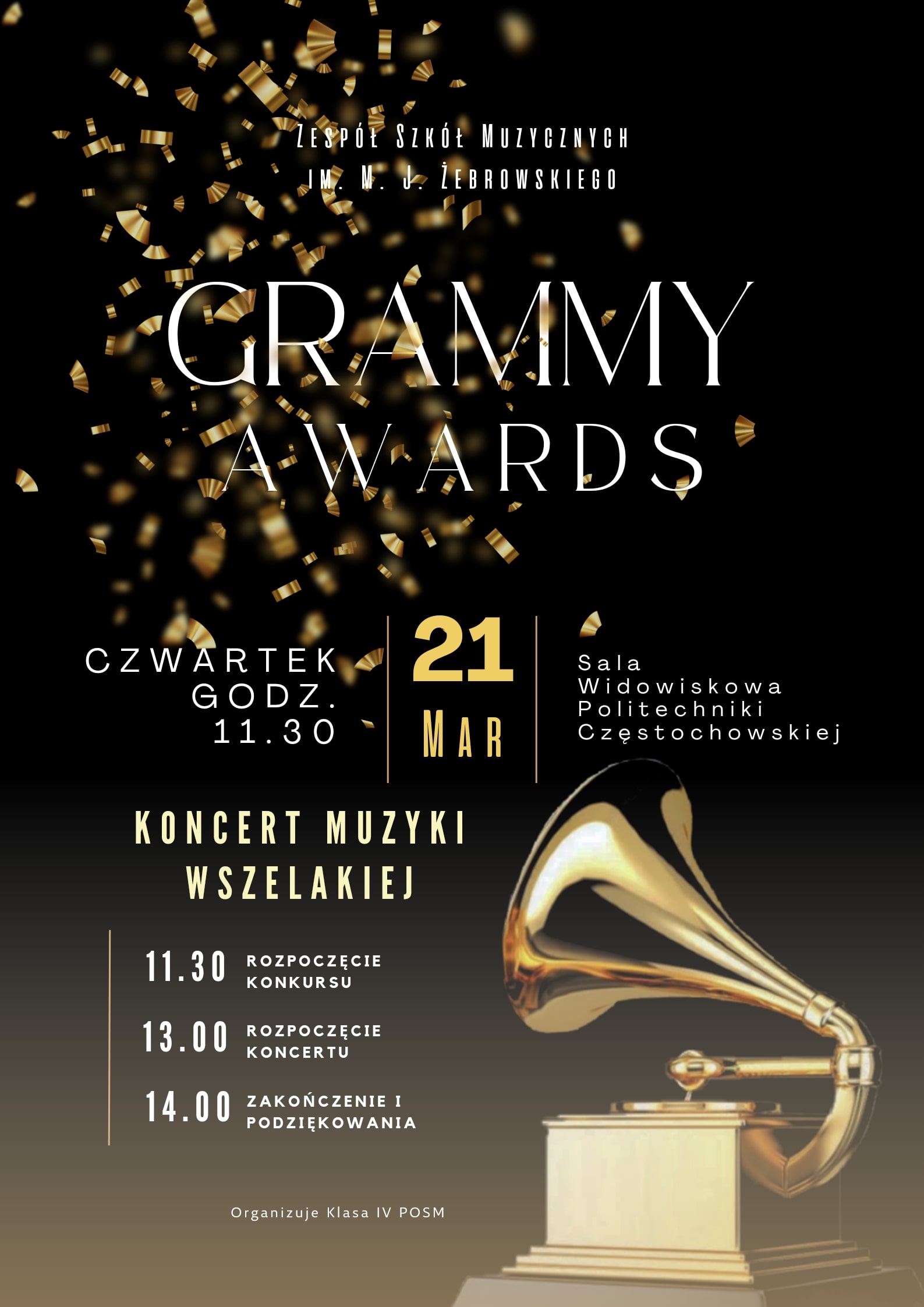 Czarne tło z gramofonem, informacje dotyczące koncertu muzyki wszelakiej w ZSM im. M. J. Żebrowskiego