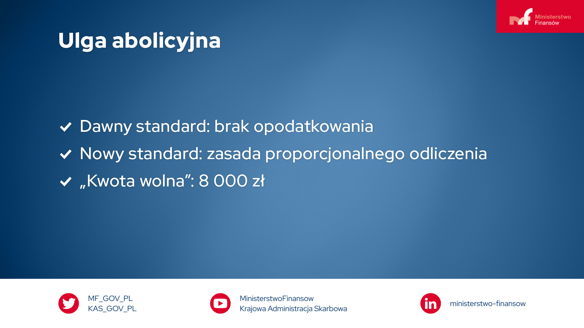 Grafika z napisem: Ulga abolicyjna. Dawny standard: brak opodatkowania. Nowy standard: zasada proporcjonalnego odliczenia. „Kwota wolna”: 8000 zł