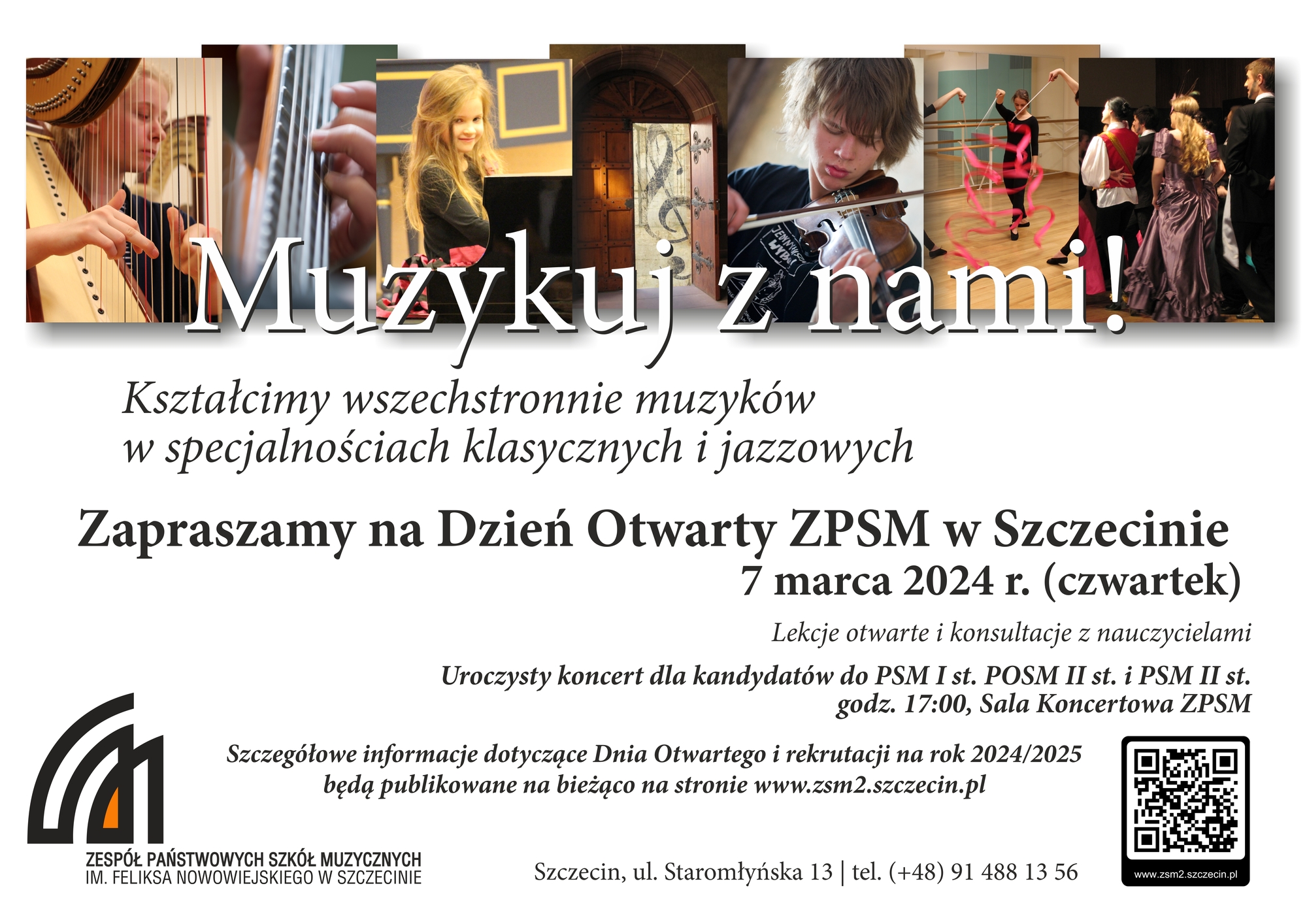 Plakat promujące Dzień otwartych drzwi w ZPSM w Szczecinie