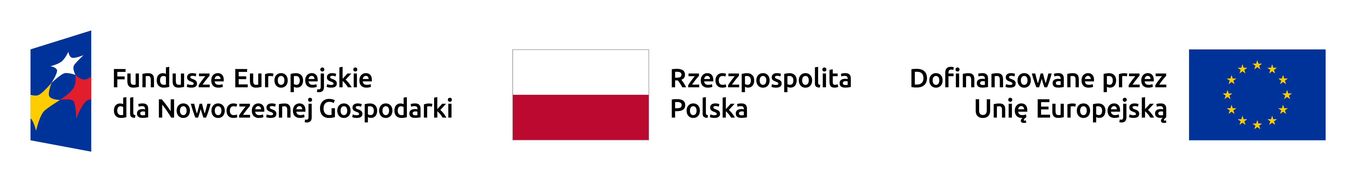 od lewej logotyp programu Fundusze Europejskie dla Nowoczesnej Gospodarki, trzy gwiazdki w kolorach żółtym, białym i czerwonym na granatowym tle, biało-czerwona flaga Polski a obok napis Rzeczpospolita Polska, flaga UE a obok napis dofinansowane przez Unię Europejską 